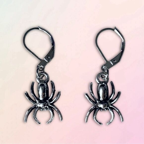 Silver Plated Spider Charm, Nickel Free Small Hoop Earrings - Picture 1 of 6